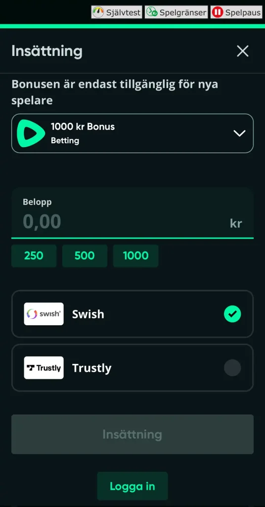 SpeedyBet insättning med Swish