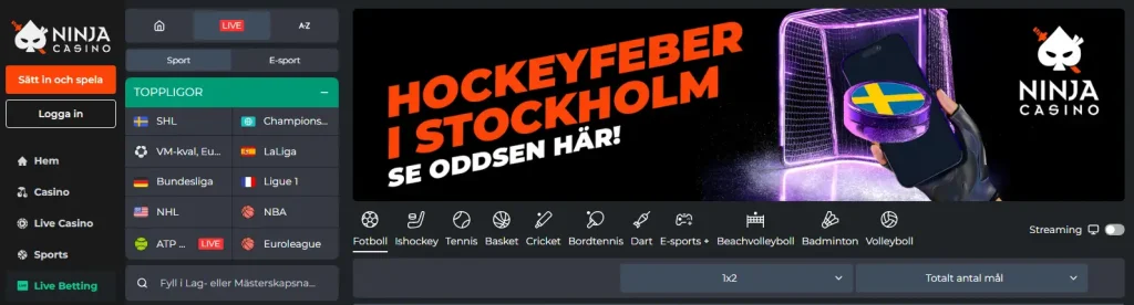Ninja betting, livebetting och live stream