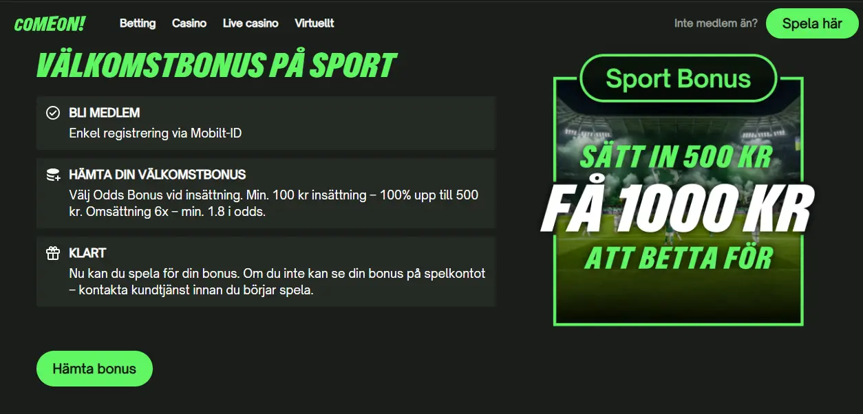 ComeOn välkomstbonus till nya spelare
