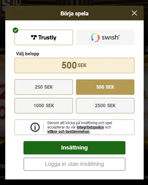 Swish insättning på Mega Riches