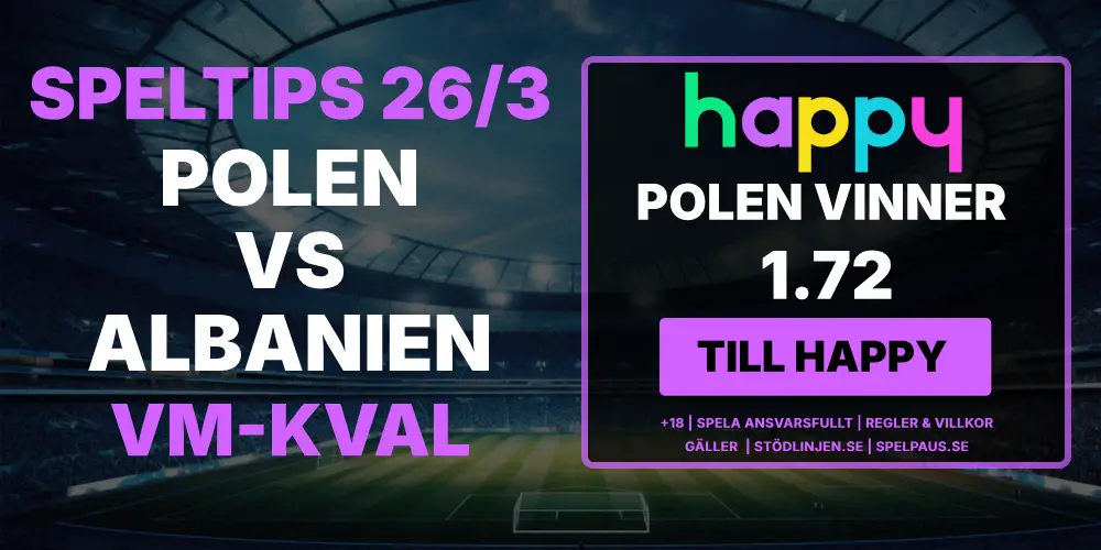 Speltips VM-kval mellan Polen och Albanien hos Happy