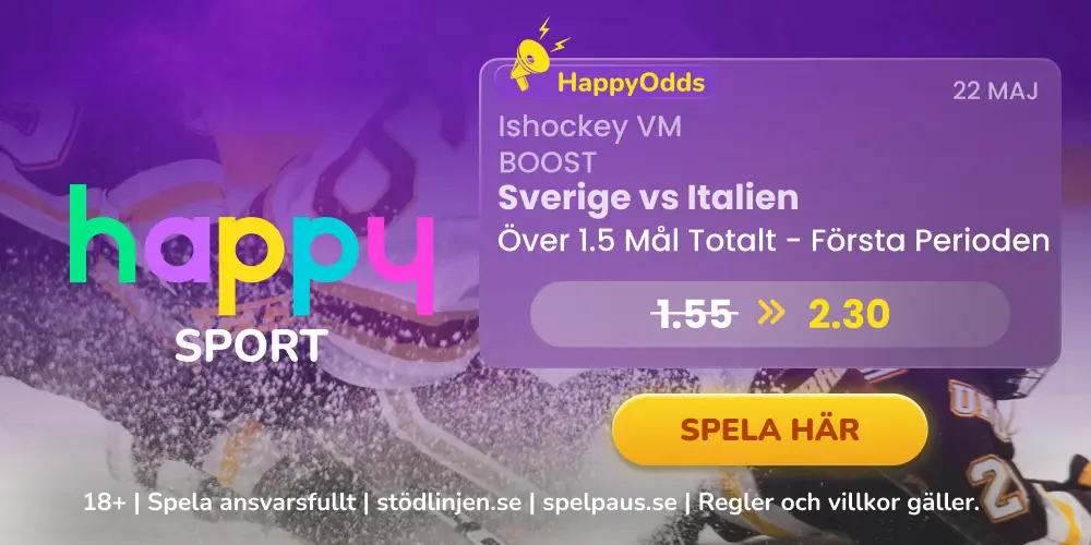 Happy Odds Boost på Sverige – Italien 22/5 i hockey-VM 2026
