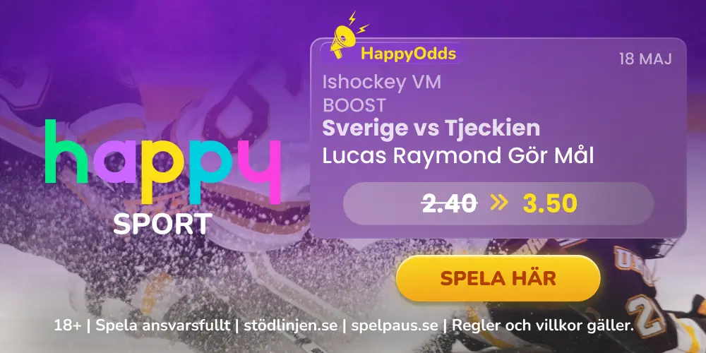 Happy Odds Boost på Sverige – Tjeckien 18/5 i hockey-VM 2026