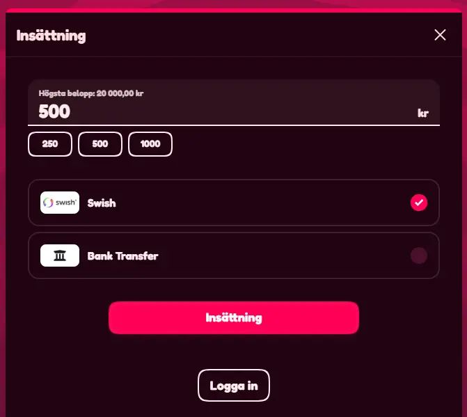 Snurr Casino snabb insättning med Swish