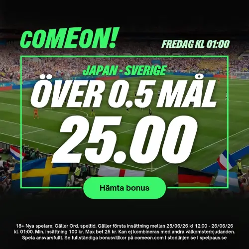 ComeOn odds boost välkomstbonus till VM 2026 gruppspelsmatch Japan - Sverige