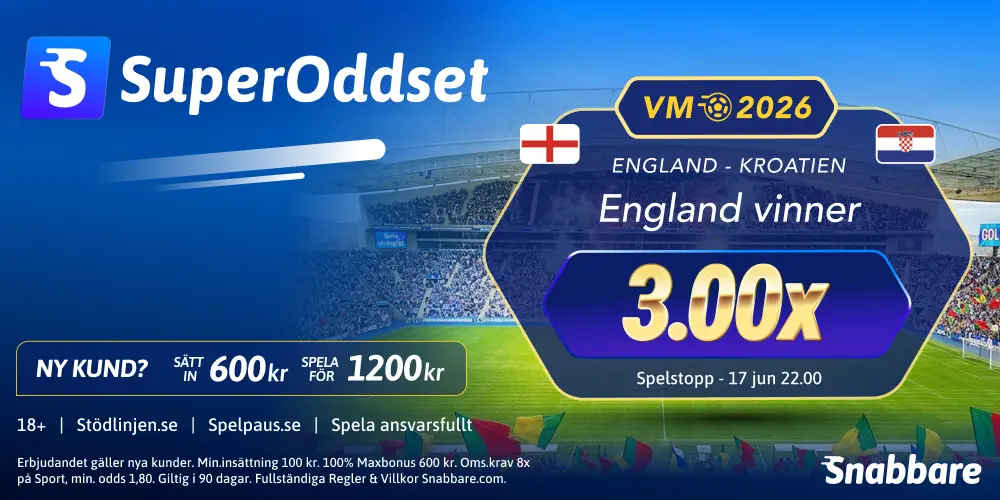 Snabbare SuperOdds boost på att England vinner kvällens drabbning i VM 2026