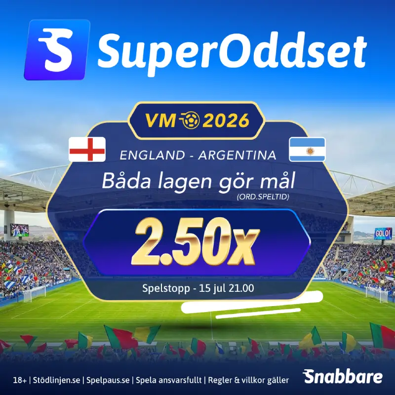 Snabbare SuperOddset England vs Argentina i VM 2026 semifinal 15 juli