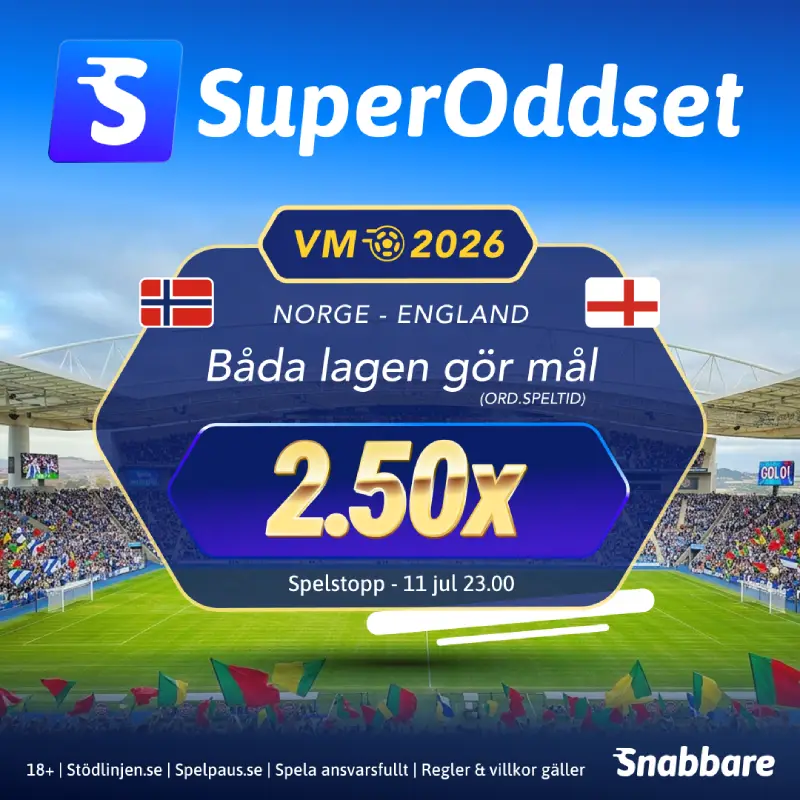 Snabbare SuperOddset på VM kvartsfinal mellan Norge och England 11 juli 2026