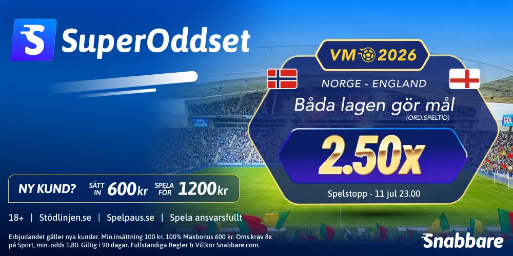 Snabbare SuperOddset på att Båda lagen gör mål när Norge och England möts i VM 2026 kvartsfinal