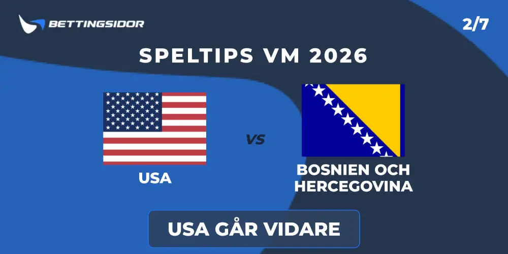 Speltips fotbolls VM 2026 USA vs Bosnien och Hercegovina 2 juli 2026