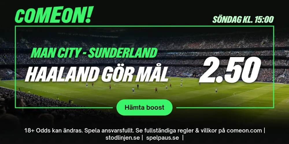 Boostat PL-odds hos ComeOn – Man City vs Sunderland: Haaland gör mål