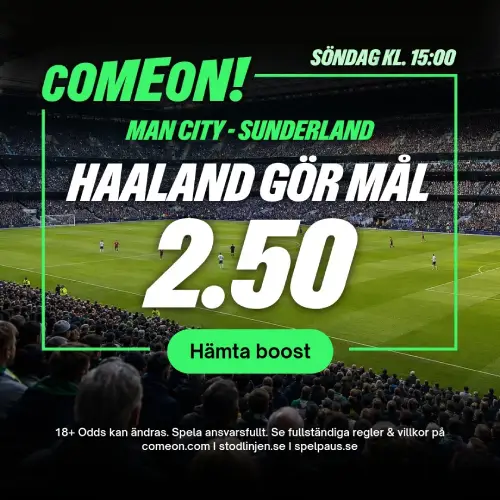 ComeOn kampanj med boostat odds på Man Ciry vs Sunderland i Premier League